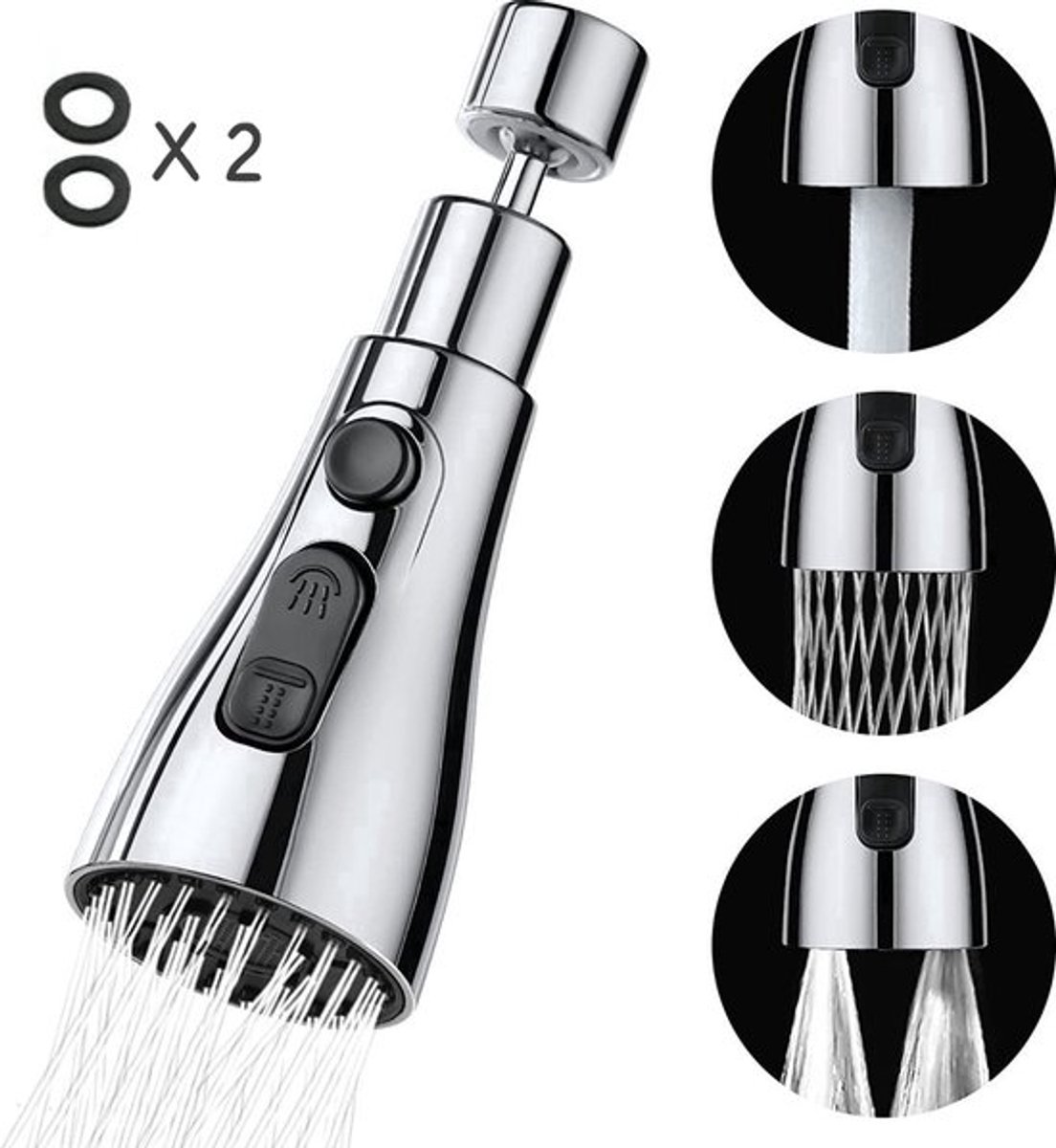 Kraan opzetstuk - 360 graden draaien -Keuken Tap G1/2- 3 standen -Kraankop- Afwassen - Keukenkraan - Waterbesparend -Flexibele kraankop - Verlengstuk - Kraanonderdelen - Roterende kraanslang - Kraan mondstuk - zilver