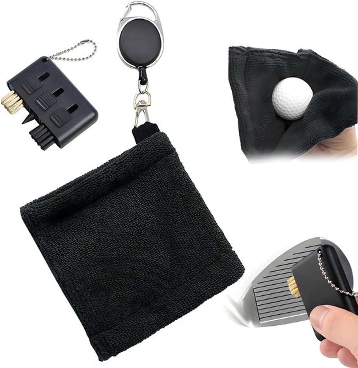 Golfhanddoekborstelset, zwarte handdoek met schaalbare karabijnhaak en clubborstel, golfaccessoires voor de baan, oefeningen en sportschool