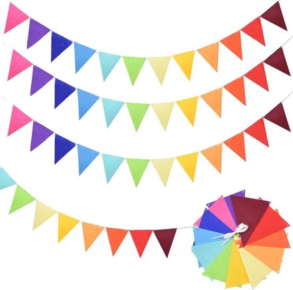 48 Stuks Vilten Vlaggetjes - Kleurrijke Wimpels Voor Kinderkamerdecoratie, Verjaardagsbanners, Klaslokaal of Buitenslingerdecoratie (12 Kleuren Regenboog)