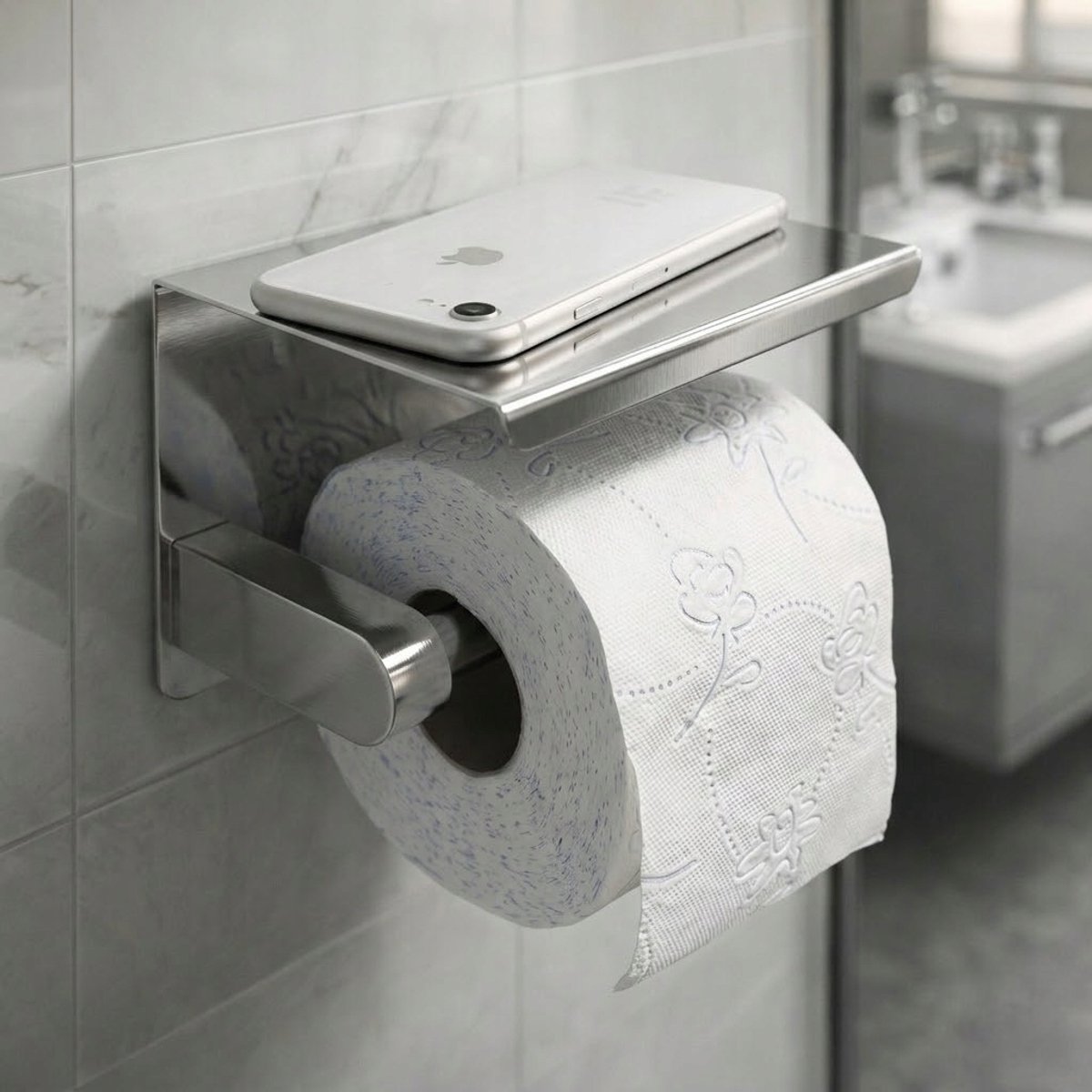Merkloos Wandrek met Toiletrolhouder - Zilverkleurig Metaal
