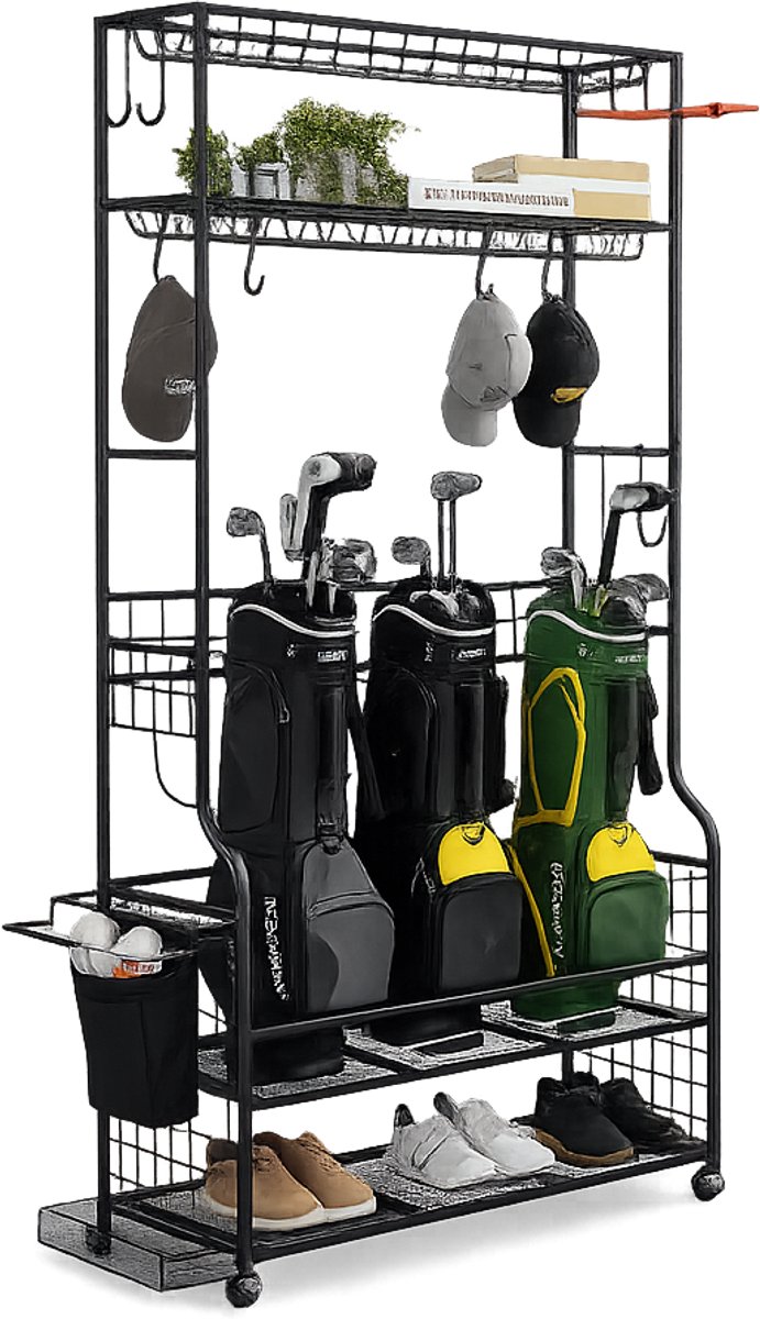 Emvae Golftas Opbergrek - Golf Organizer voor 3 Golftassen - Verrijdbaar golf opbergrek - Clubrek - Wielen - 132 x 40,5 x 194 cm - Metaal - Zwart