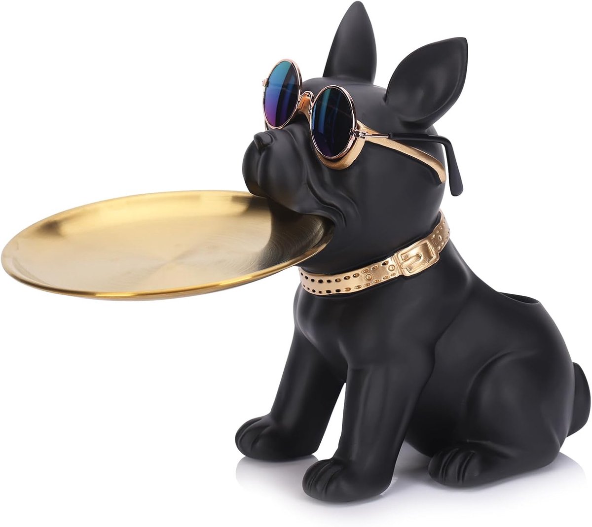 Resin French Bulldog Statue Storage Tray, Entrance Table Key Tray, Cute Dog Butler Statue with Tray, Black French - ShopVlot