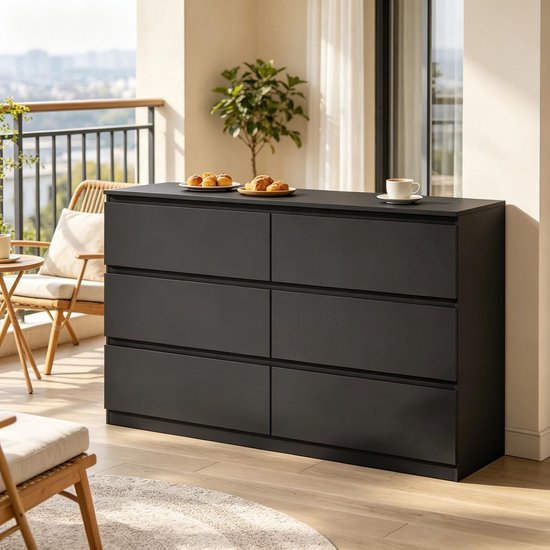 OKWISH Ladekast - 6 Greeploze Lades - Voor Slaapkamer, Woonkamer En Hal - Zwart Bewerkt Hout - Met Kantelbeveiliging - 120 Cm Breed — afbeelding 4