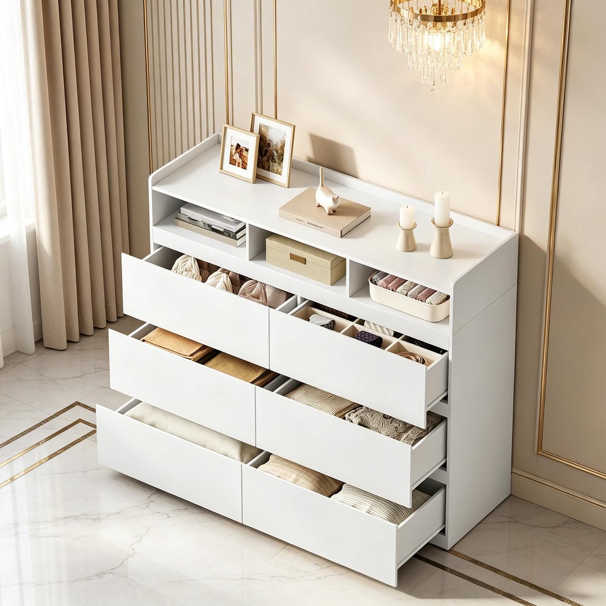OKWISH Ladekast - 6 Lades En 3 Open Vakken - Modern Minimalistisch - Wit - 120 X 40 X 100 Cm - Voor Woonkamer Slaapkamer En Hal