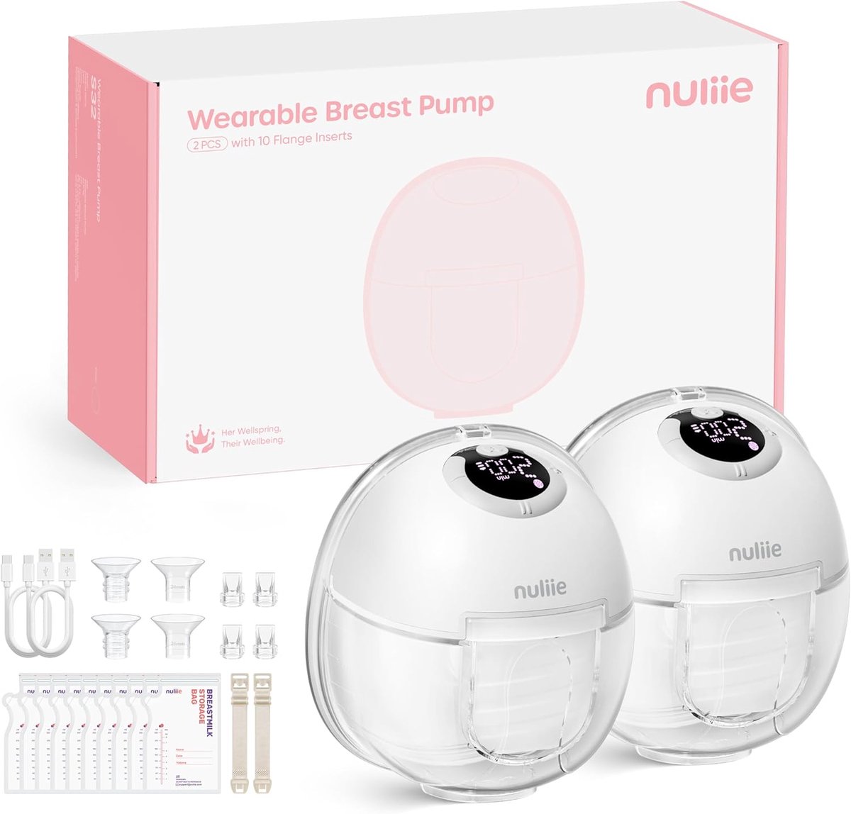 Nuliie Electric breast pump hand free (2 packs, white) - 4 modes, 9 levels, memory function, rechargeable milk vacuum - ShopVlot
