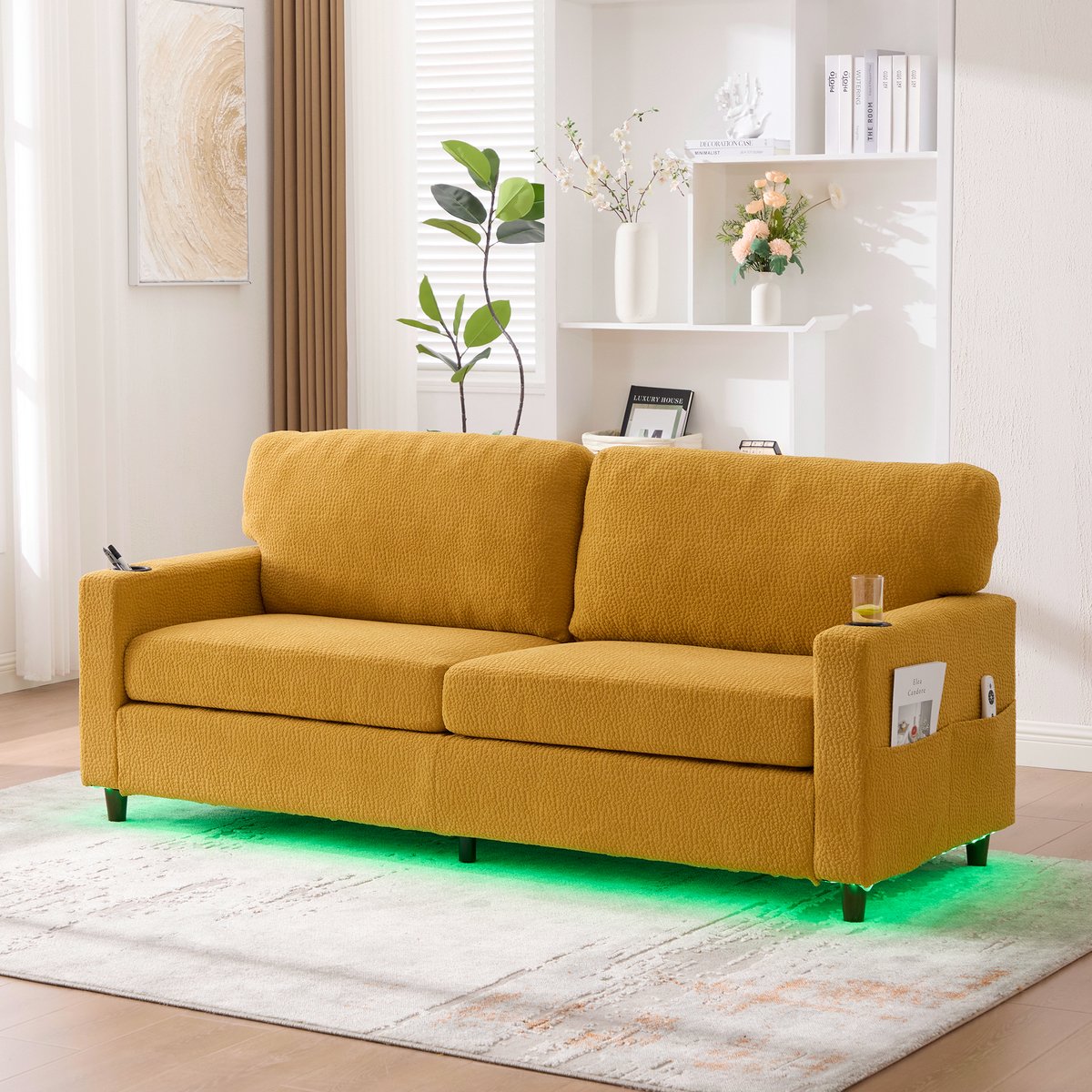 MEUNIQ 2-zits bank 203 x 77,5 x 86 cm met USB-C, LED-ambiente, bekerhouders en opbergzakken voor woonkamer of kantoor, mosterdgeel