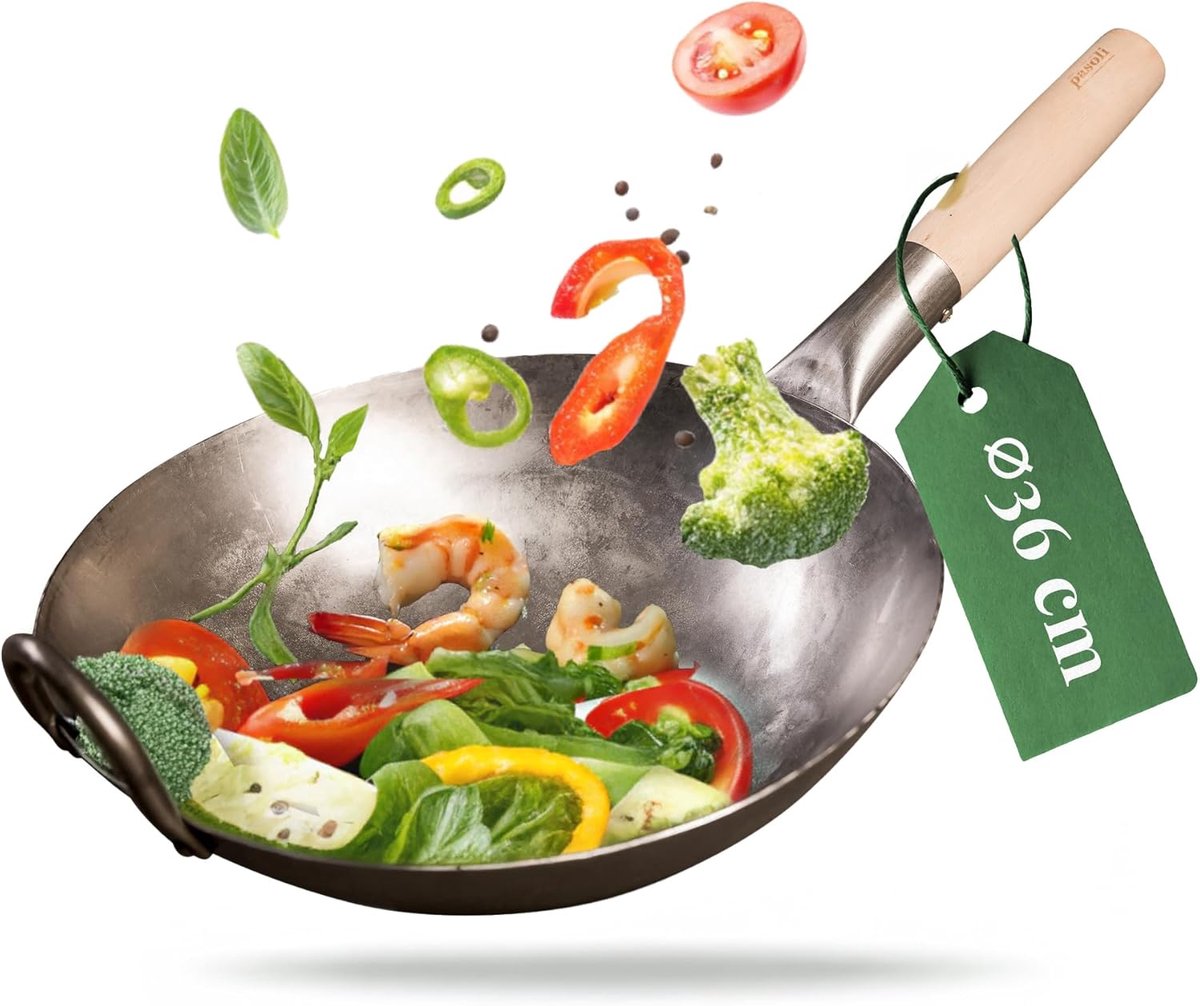 Handgehamerde Wok - Aziatische Pan - Roerbakken - Natuurlijke Anti-aanbaklaag - 36 cm - Zwart