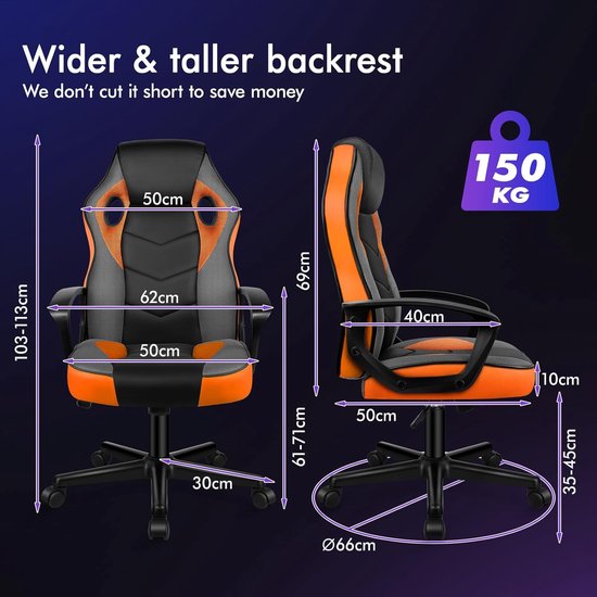 Gaming Stoel - Bureau Stoel - Comfortabel Werken - Ergonomisch Ontwerp - 70 cm Diep - Oranje — afbeelding 5
