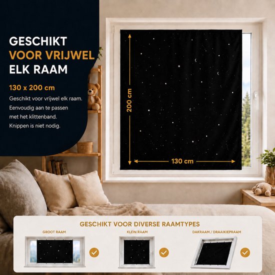 Zwart sterren gordijn van 130x200 cm, passend op diverse raamtypes: groot, klein, dakraam.