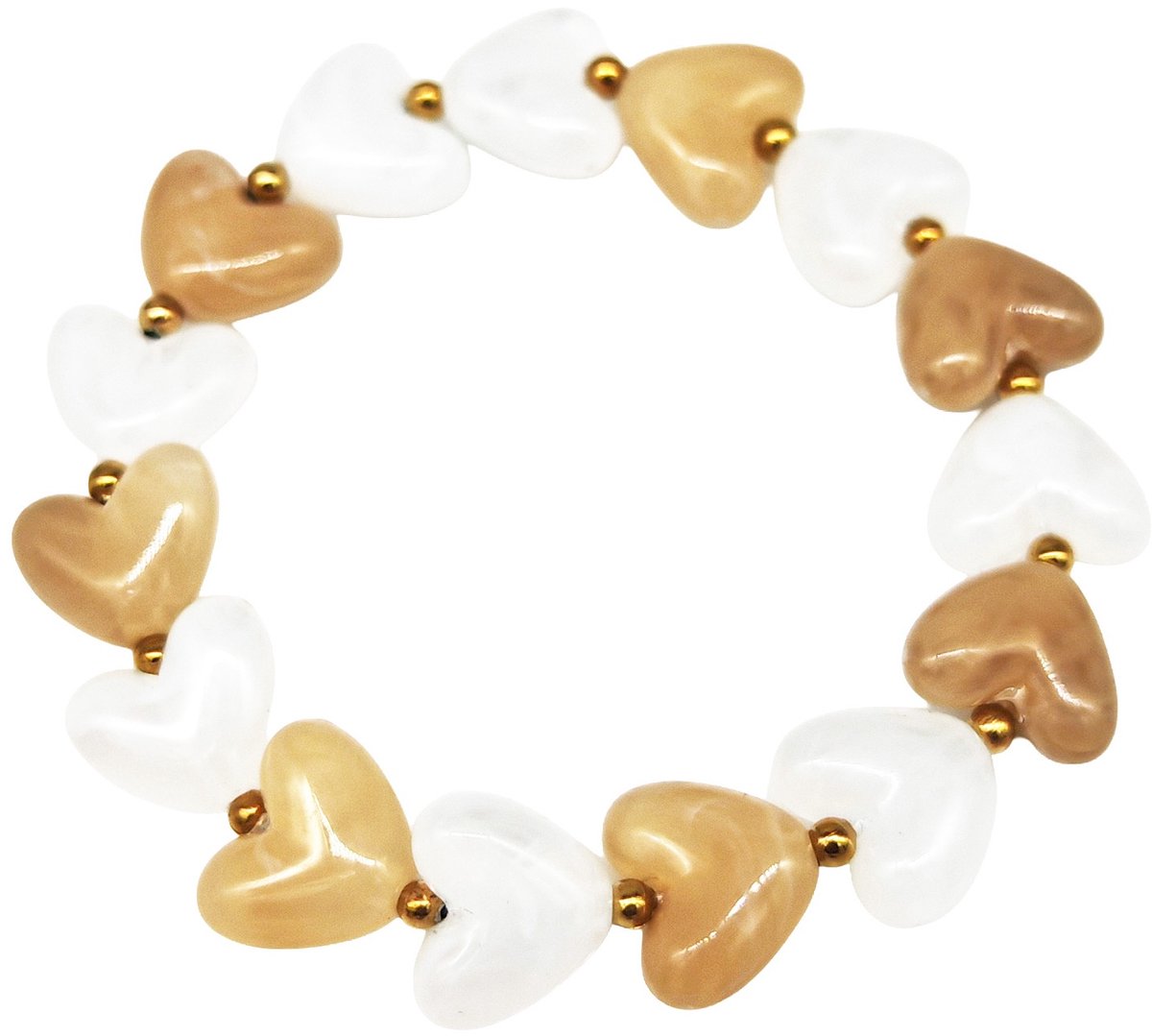 Elastische armband - RVS kralen - hartjes - bruin-wit