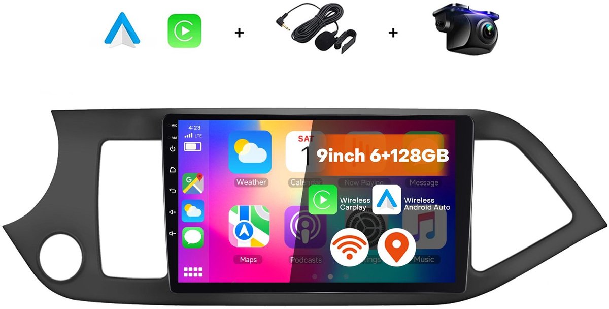 Boscer 2 Din Android 15 Autoradio - Geschikt voor Kia Picanto (2011-2017) - Draadloos Apple Carplay & Android Auto - 6+128GB - 9 Inch HD IPS Touchscreen - GPS Navigatie - WIFI, Bluetooth & USB - Achteruitrijcamera & Microfoon