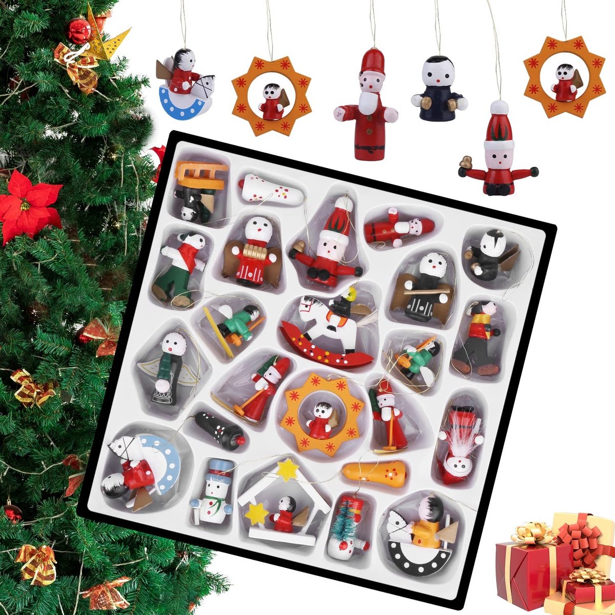 Dailygoods- Kerstboomhanger Set van 24 Stuks - Houten Versiering - Kleurrijk - Adventskalender Decoratie - Geschenkhanger - 3-4 cm - Kerstdecoratie