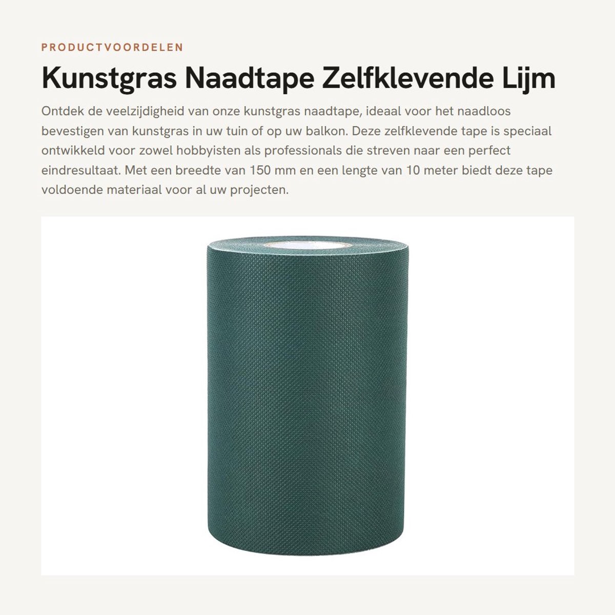 Dailygoods- Naadtape Zelfklevend - Kunstgras - Antislip Onderkant - 150 mm x 10 m - Groen - Enkelzijdig - Kunstgraslijm