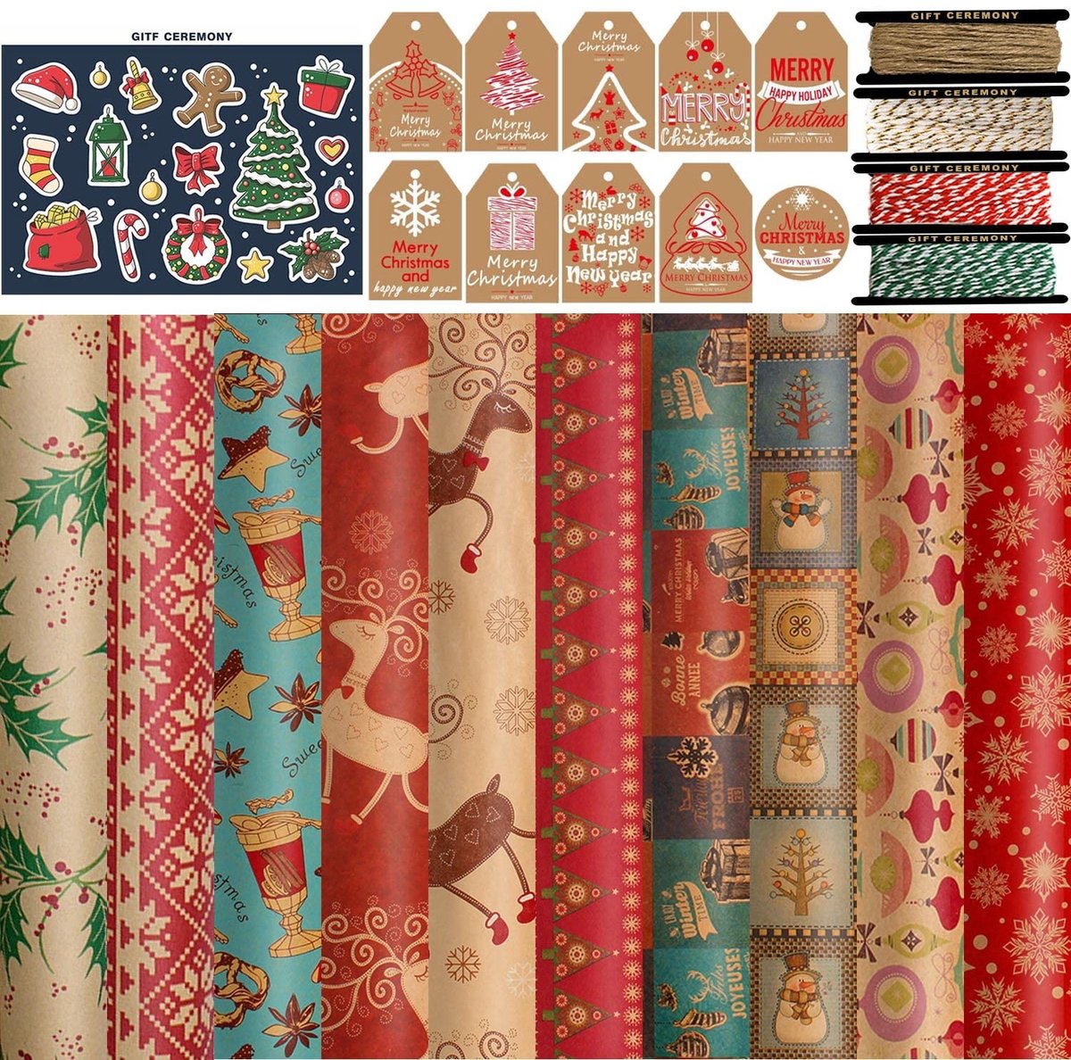 Dailygoods- Cadeaupapierset Hoogwaardige Kwaliteit - 10 Vellen Kraftpapier - 10 Cadeaulabels - 4 Rollen Jute Koord - Recyclebaar - Duurzaam - Cadeaupapier