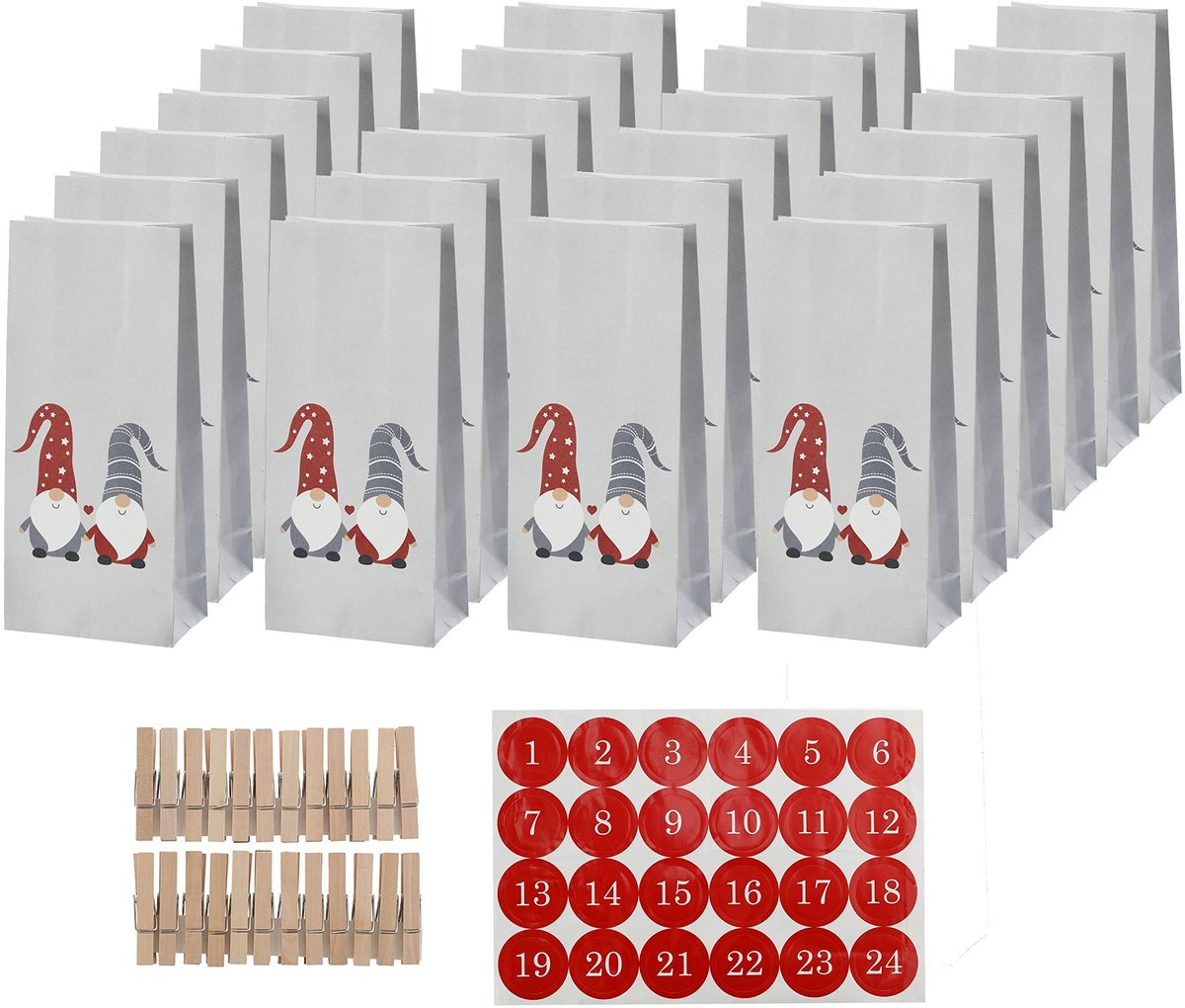 Dailygoods- Adventskalender om zelf te vullen - 24 papieren zakken - 24 cijferstickers - 24 houten klemmen - knutselen - kerstmotief - Kalender