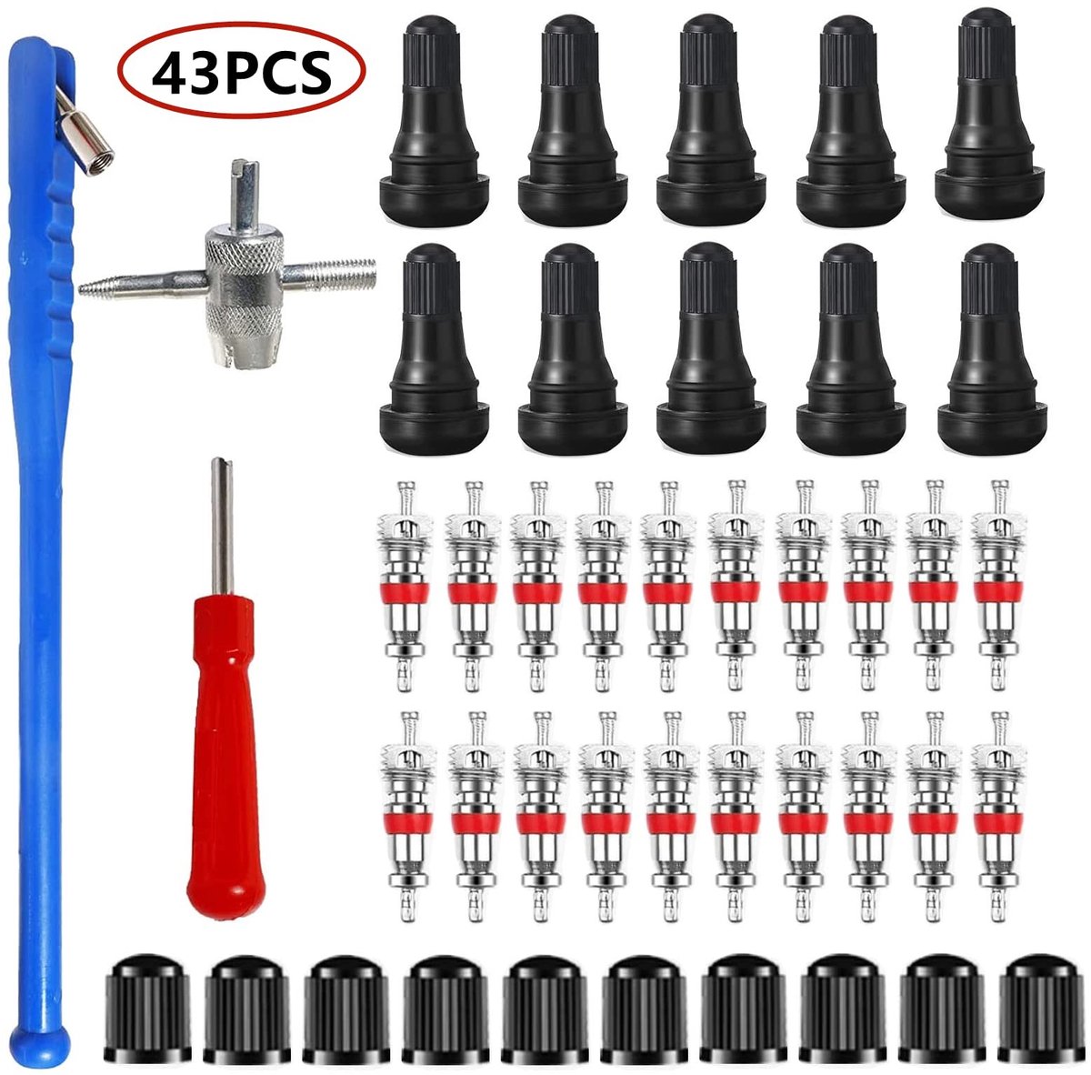 Dailygoods- Bandenventielverwijderaar 43 Stuks - Bandenreparatiegereedschap - Ventielgereedschapset - Ventielkernen/ventieldopjes - 4 in 1 Reparatiegereedschap - Hoogwaardige Kwaliteit - Ventielgereedschap