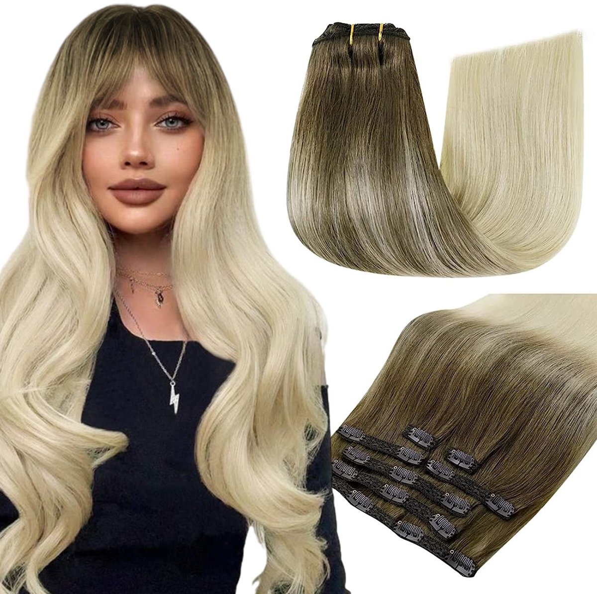 Dailygoods- Haar Extensions Balayage Blond - Clip in Haarextensies - Menselijk Haar - Lichtbruin Ombre - 16 Inch/40cm - 120g Remy Haar