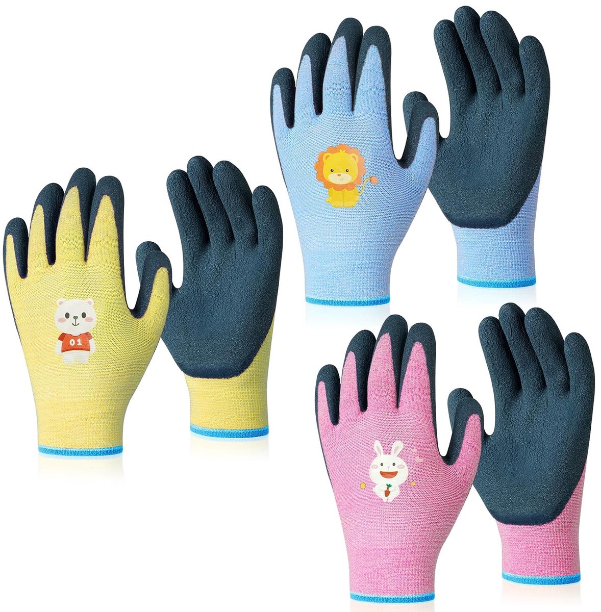 YAGXIG 3 paar tuinhandschoenen voor kinderen - latex beschermhandschoenen - prikbestendig, antislip en duurzaam - geschikt voor dagelijkse klusjes, tekenen en buitenactiviteiten - XXS-maat - geschikt voor kinderen van 5-9 jaar