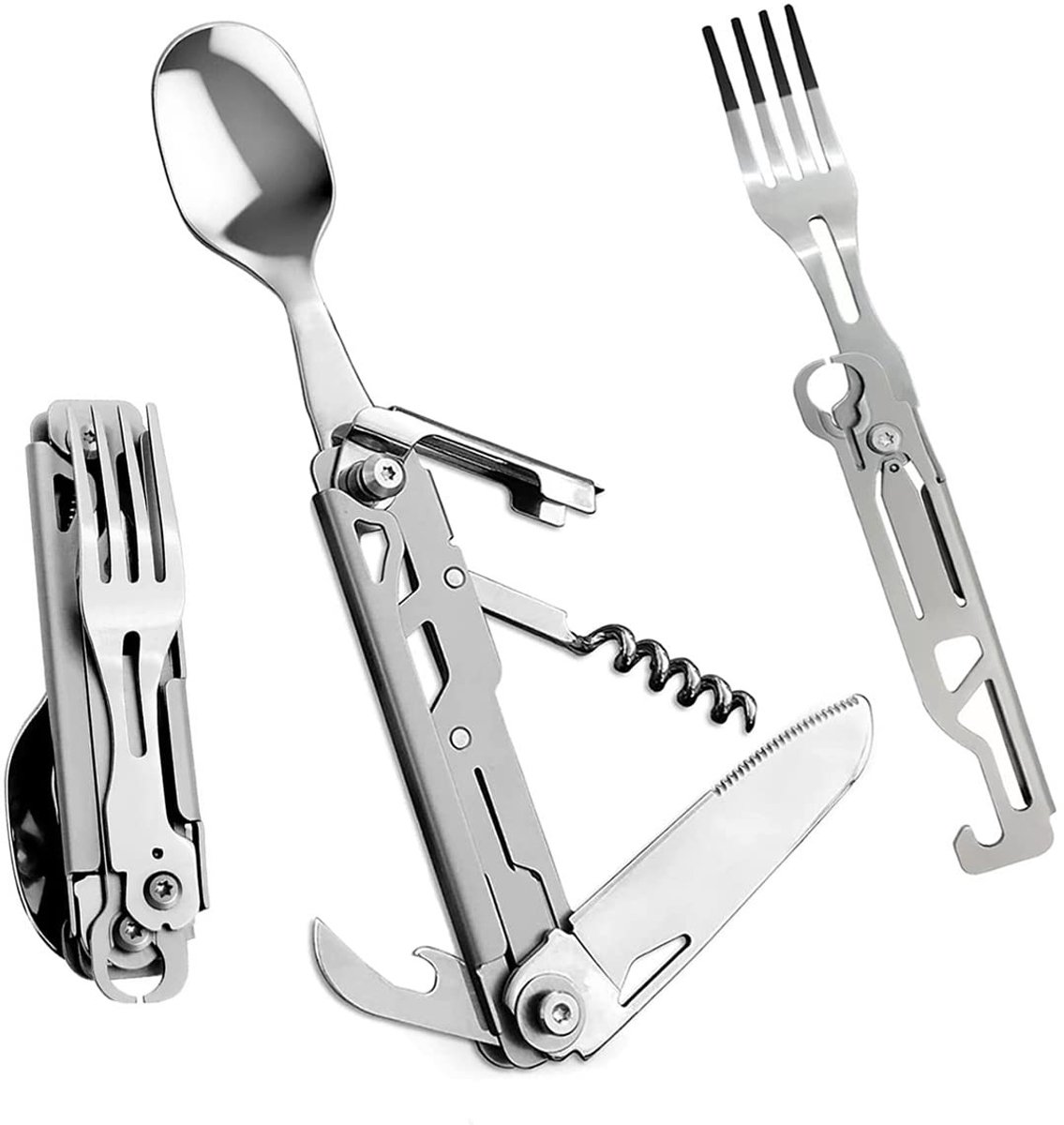 Dailygoods- Bestekset 5-in-1 Multifunctioneel - Draagbare Bestekset - Opvouwbaar Bestek - Roestvrij Stalen Bestekset - Uniek Cadeau - Voor Camping en Reizen - Kampeerbestek