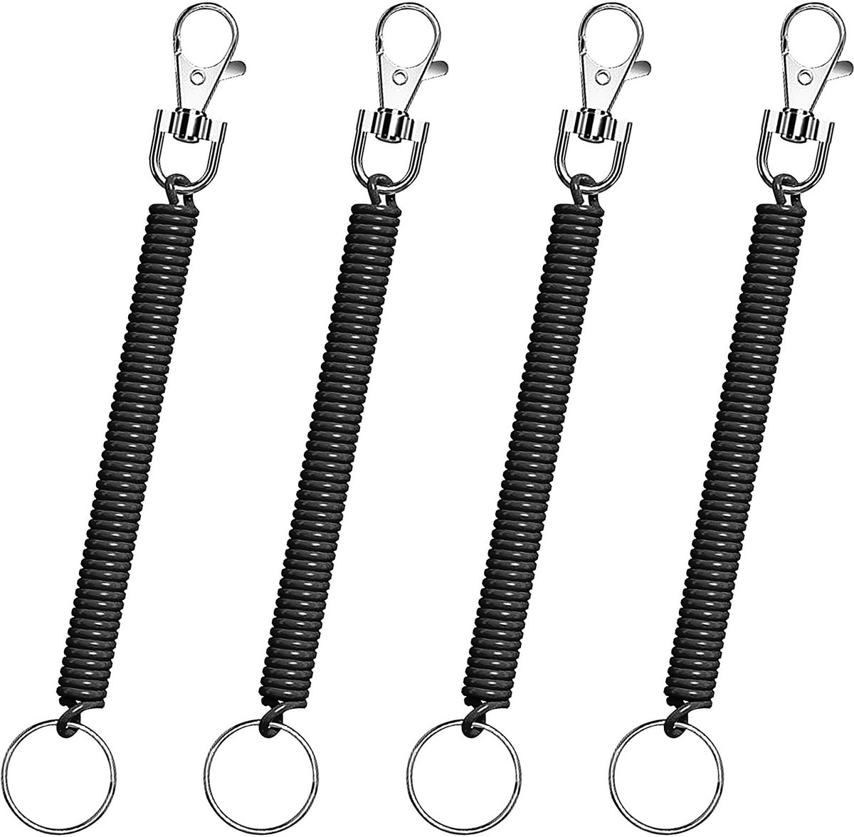 Dailygoods- Spiraal Sleutelhanger Uittrekbaar - Karabijnhaak - 4 Stuks - Duurzaam - Voor Heren/Dames - 11/60 cm Lengte