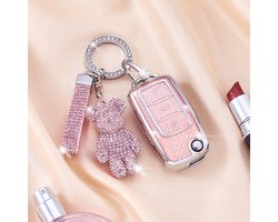 Dailygoods - Autosleutelhoesje voor VW Volkswagen Autosleutel Beschermende Hoes met Roze Diamant Beer Sleutelhanger Compatibel met Tiguan Passat Golf 4 5 6 Polo Beetle Jetta Touran Eos Scirocco