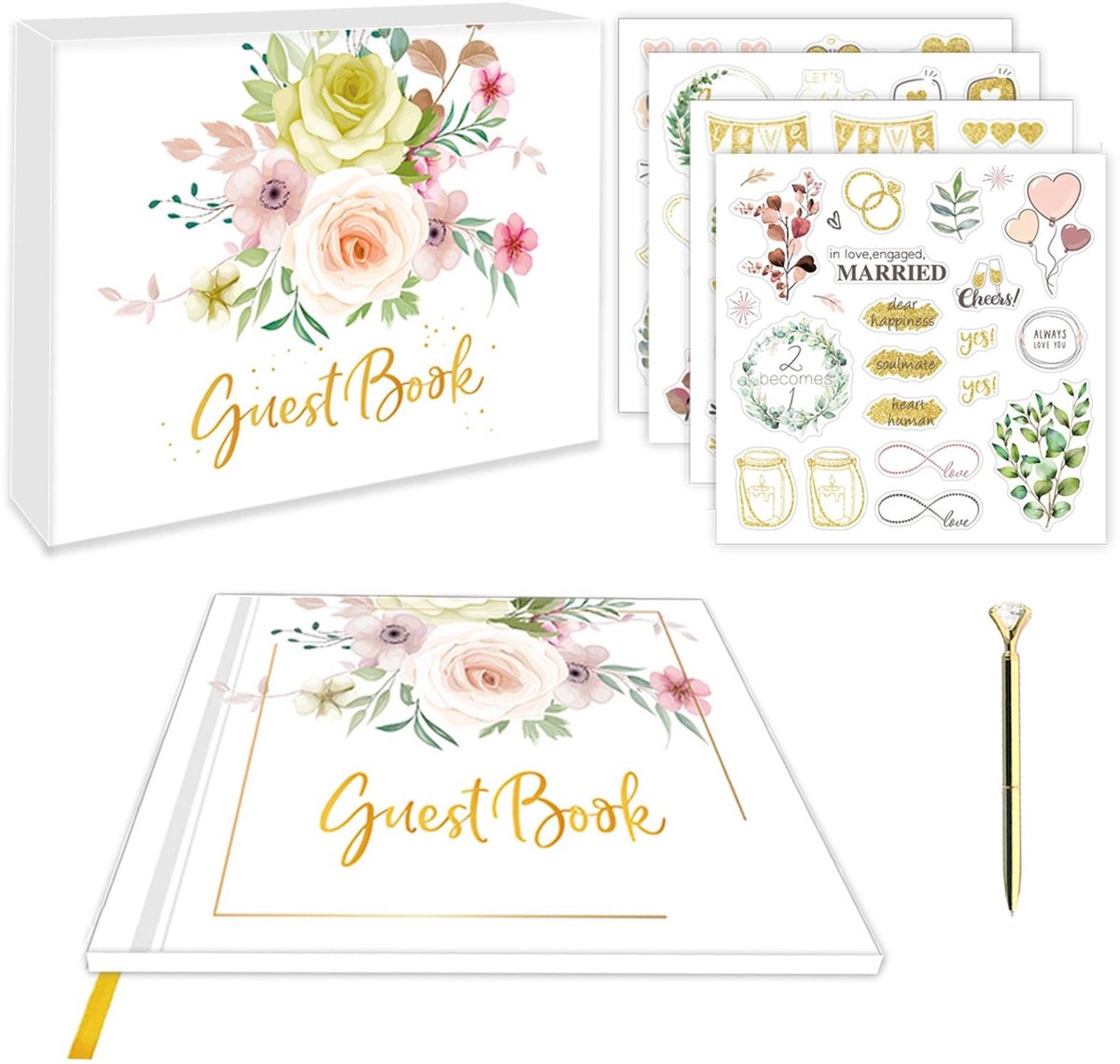 Dailygoods- Gastenboek Luxe - 120 Pagina's - Inclusief Balpen - Bruiloft/Verjaardag/Jubileum - Elegant Bloemendesign - Gouden Folie - Bezoekersboek