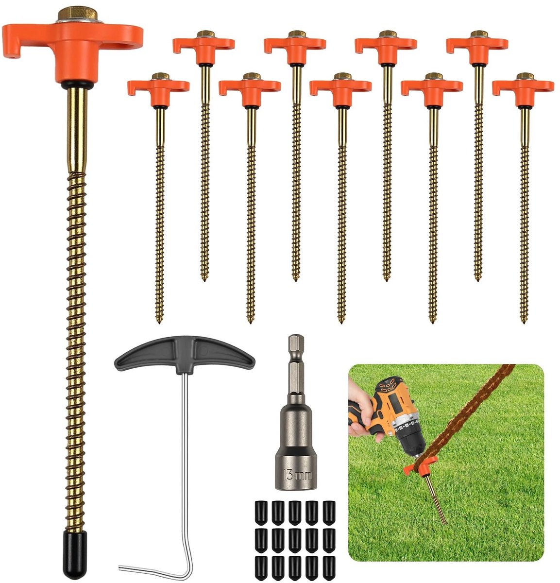 Dailygoods - 12 stuks tentnagels, draaibare tentnagels met draad 20,5 cm, haringen grondpennen stabiel, schroefnagels, campingaccessoires met spijkertrekkeradapter voor accu-schroevendraaier schroevendop
