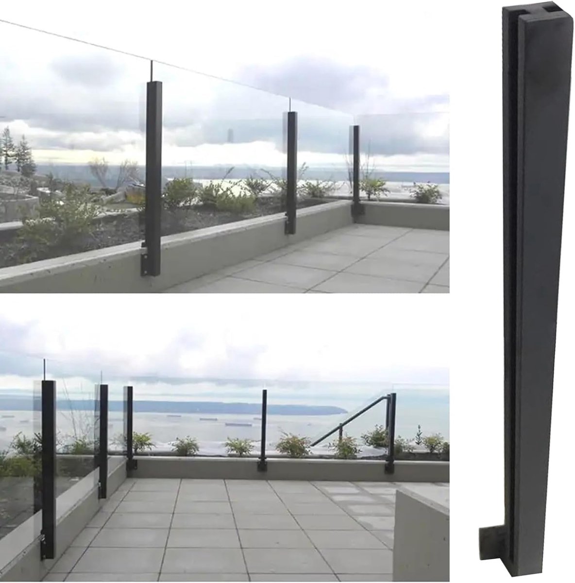 Balustrade Paal - Glazen Leuning - Buitenhek Plaatsen - Zijmontage Inclusief Kit - Tot 130 cm - Zwart