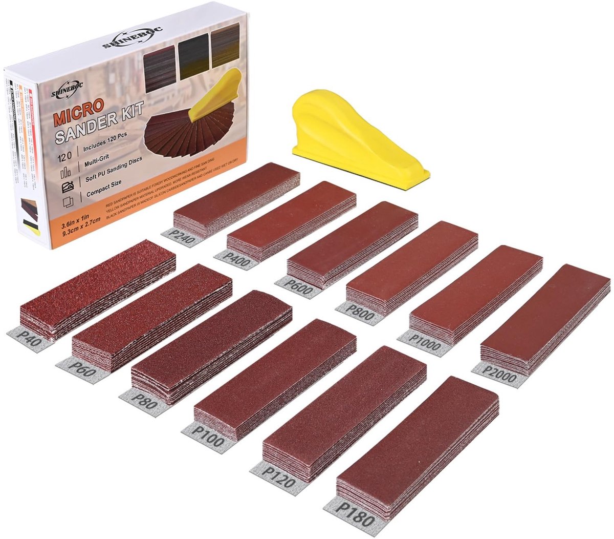 Dailygoods- Schuurpapier Set 120 Vellen - Schuurblok 90 x 30 mm - 12 Korrelgroottes 40/60/80/100/120/180/240/400/600/800/1000/2000 - Ergonomisch - Mini-Handschuurklotz - Voor Slijpen en Polijsten - Schuurset