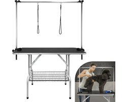 Hondentrimtafel – Trimtafel voor Honden en Katten – Opvouwbaar – Verstelbare Trimarm – Inclusief Aanlijnoptie en Opbergrek – Antislip – 113 x 60 cm – Zwart