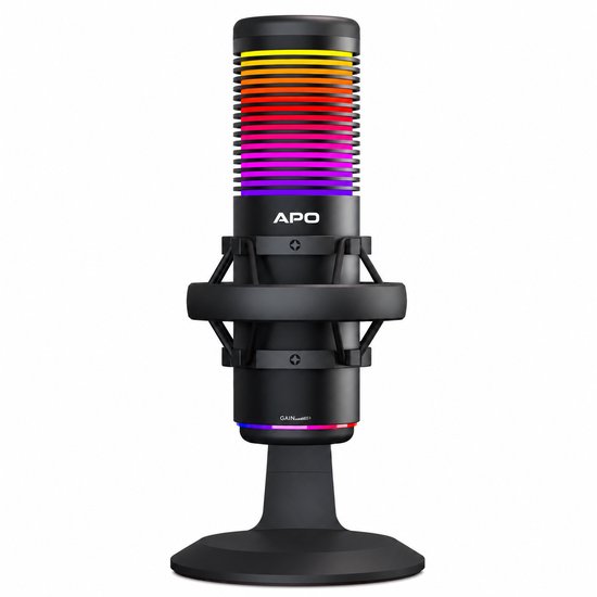 Microphone noir avec éclairage RVB aux couleurs arc-en-ciel, avec une base ronde.