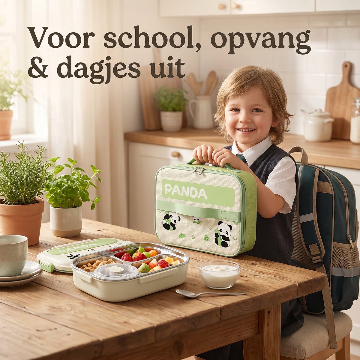 Ryoudavell - Panda Bento Box Lunchbox voor Kinderen - RVS 304 Broodtrommel met Vakken - 100% Lekvrij - Inclusief Geïsoleerde Lunchtas en Bestek - Groen - 28 cm — cadeau in Spellen & Speelgoed - foto 2
