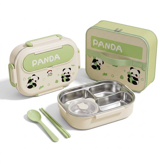 Ryoudavell - Boîte à lunch Panda Bento Box pour enfants - Boîte à sandwich en acier inoxydable 304 avec compartiments - 100 % étanche - Comprend un sac à lunch isotherme et des couverts - Vert - 28 cm