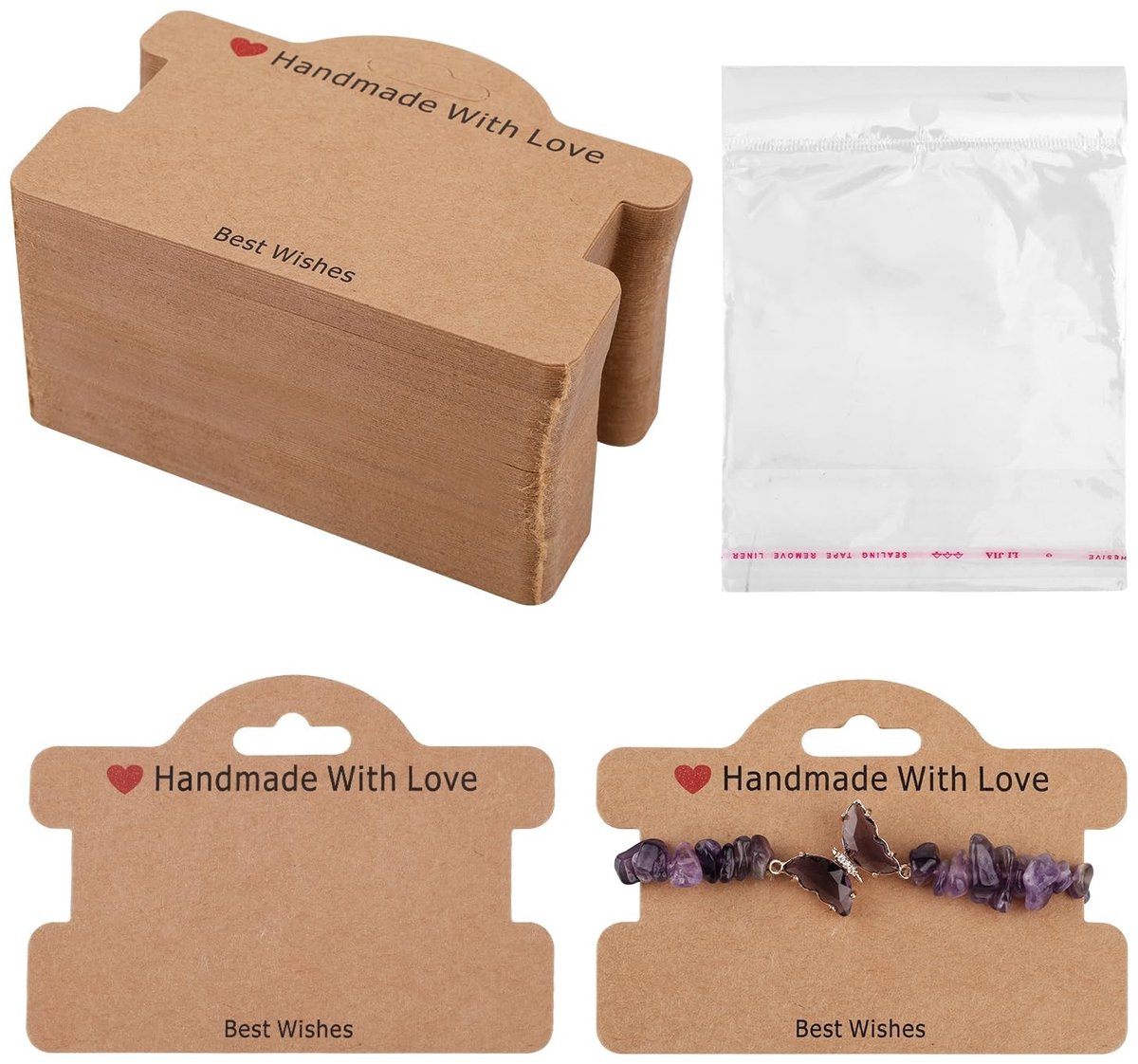 Dailygoods- Armbandverpakkingen 100 Sets - Bruine Displaykaarten - Transparante Tassen - Multifunctionele Verpakking - Papier/Plastic - Afmeting 10x7cm/15x11cm - Verpakkingen