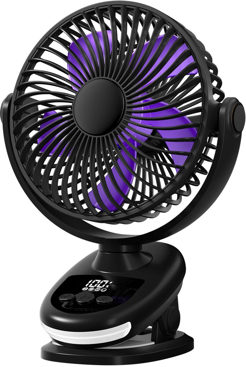 Draagbare clip-ventilator - 6000 mAh - Automatische oscillatie van 180° - Oplaadbare bureauventilator - Met ledverlichting en timer - 5 snelheidsstanden - Stille, compacte ventilator - Geschikt voor slaapkamer, thuis, kamperen en kinderwagens-Zwart
