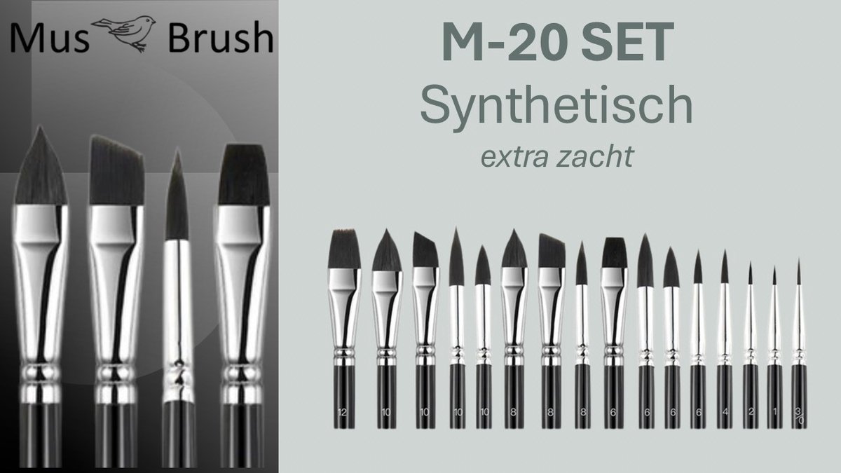 MusBrush M20 Luxe Penseelset - 16-delig - Synthetisch & Extreem Zacht - Verschillende Vormen - Voor Alle Verfsoorten - Acryl, Olieverf & Aquarel