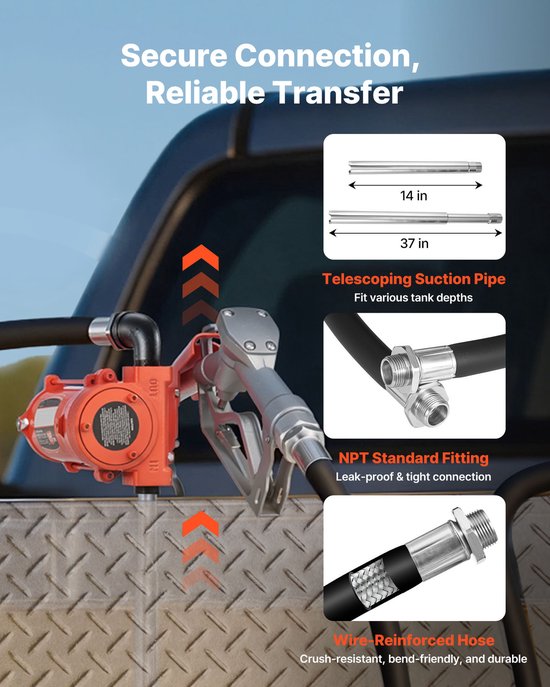 12V DC Brandstofpomp, 57 L/Min, Robuuste Gietijzeren Dieselpompset met Handmatige Sproeier, Toevoerslang, Oververhittingsbeveiliging, Netsnoer en Explosieveilig Ontwerp, Geschikt voor Benzine, Diesel en Kerosine — afbeelding 5