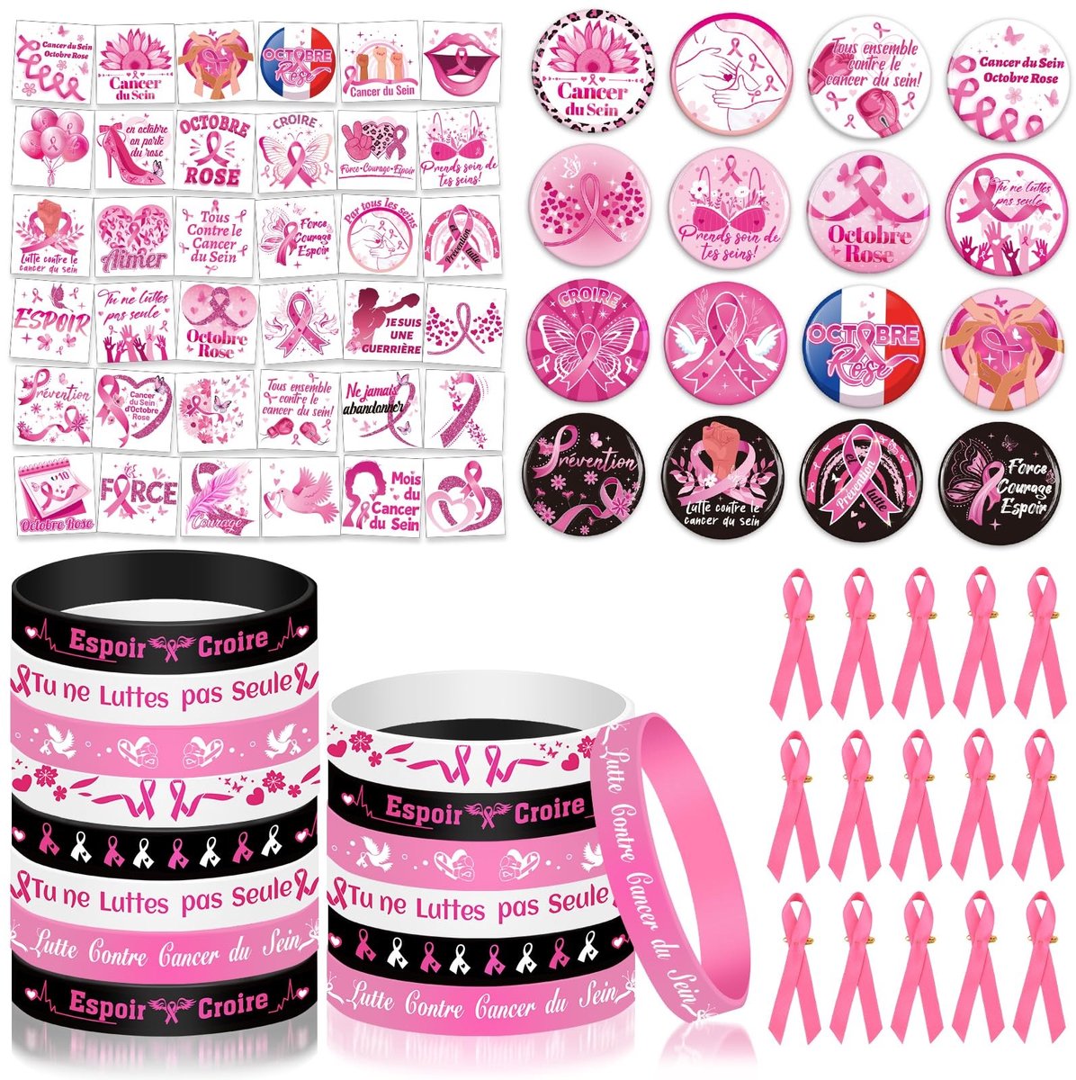 Dailygoods- Goody Kit Roze Oktober - Lintspelden - Siliconen Armbanden - Tijdelijke Tatoeages - Satijnen Lint - Elegant Accessoire voor Borstkanker Bewustzijn - Bewustzijnsaccessoires