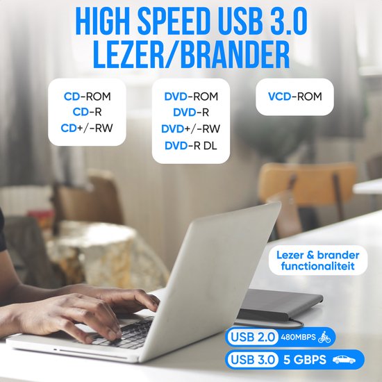 Une personne utilise un ordinateur portable avec un lecteur DVD externe avec du texte sur les vitesses USB 3.0 et la compatibilité avec CD-ROM, DVD-ROM, VCD-ROM.