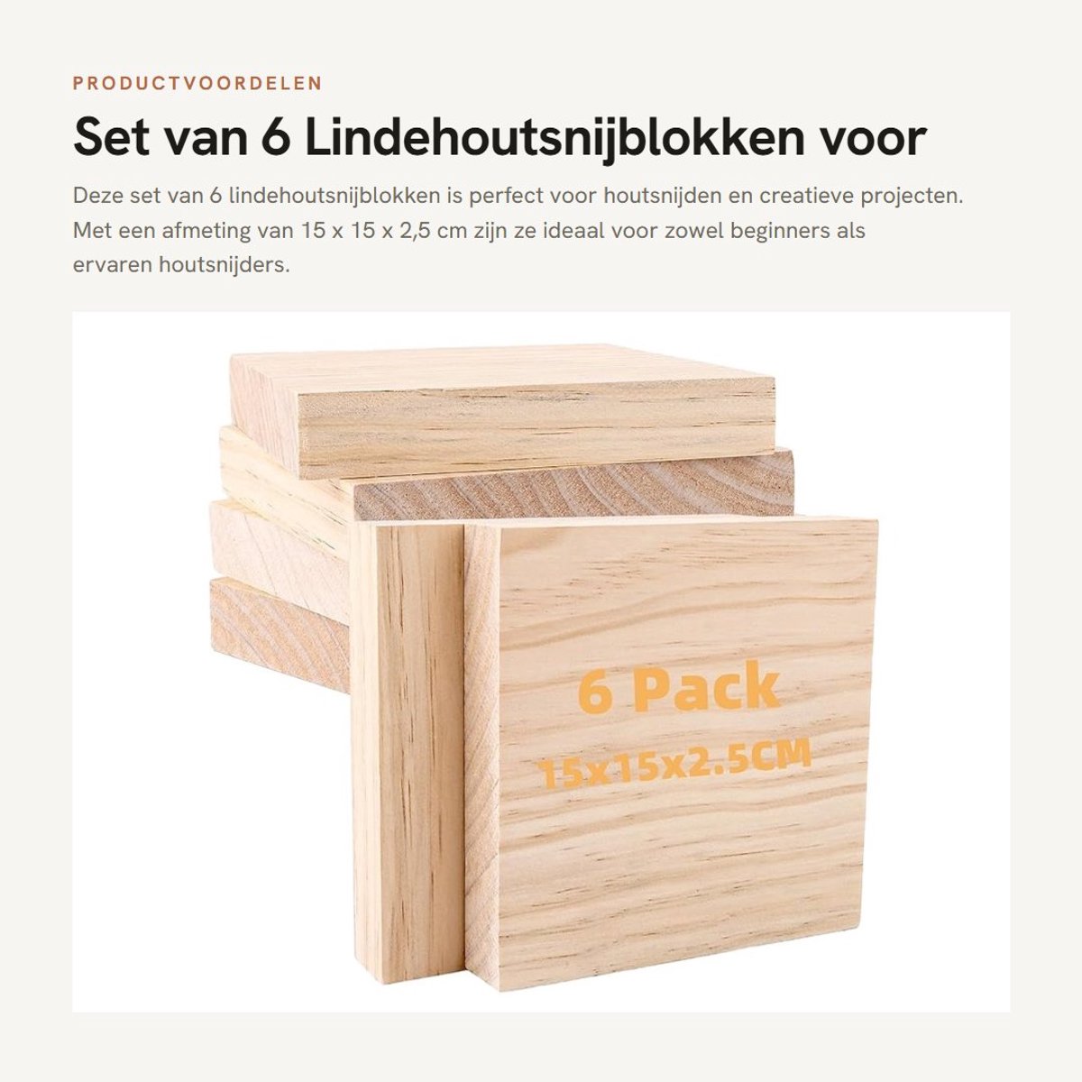 Dailygoods- Houtsnijblok Set van 6 - Houten Snijblokken - Grenenhout - 15 x 15 x 2,5 cm - Duurzaam - Onbehandeld - Snijplank