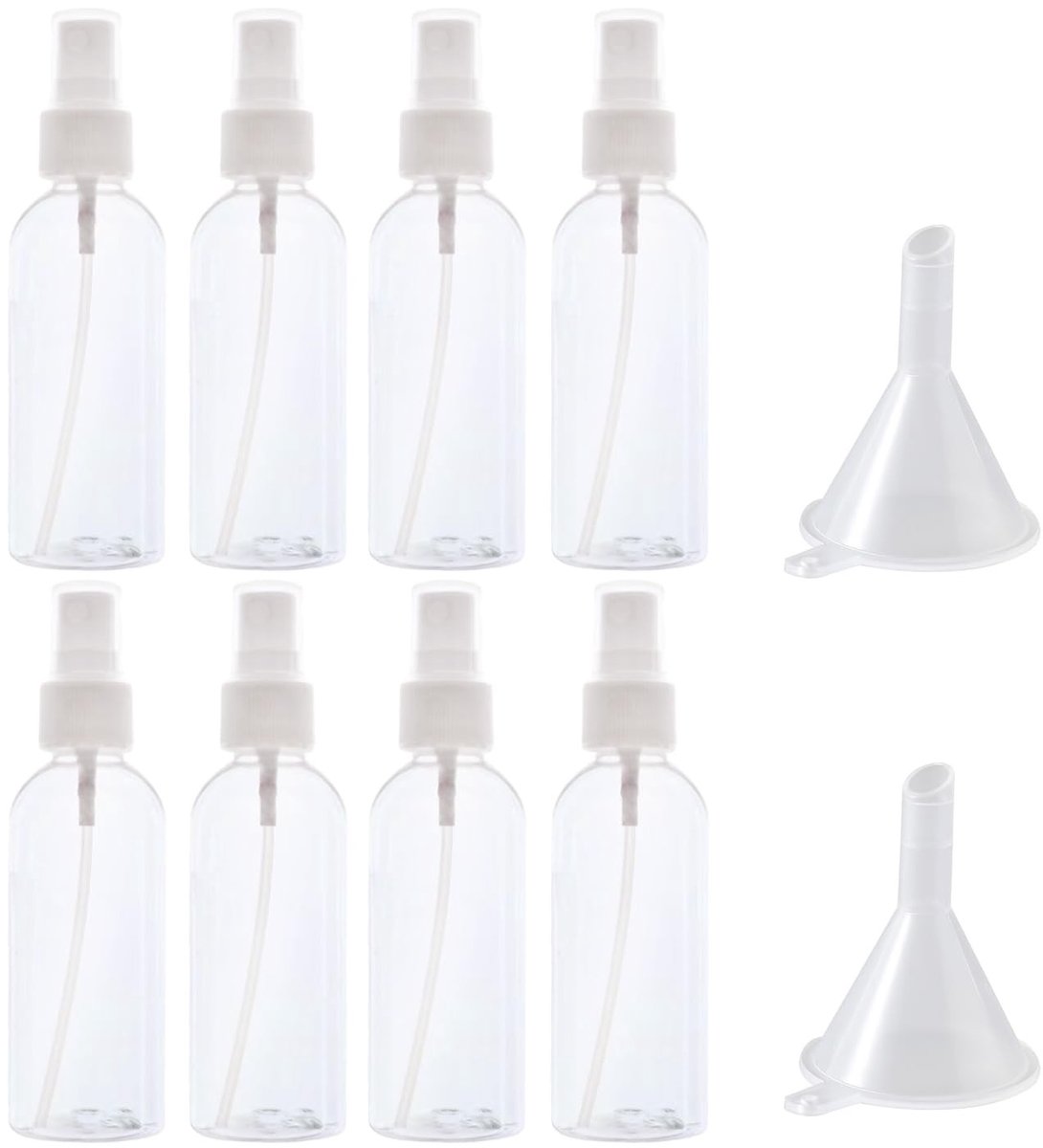 Dailygoods- Spuitflessen 8 stuks - Draagbare Spuitflessen - Transparante Kunststof - Parfumdispenser - Trechters 2 stuks - 100 ml per fles - Cosmeticafles