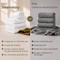 Vergelijking van witte handdoeken met SteamStory en grijze handdoeken met gewone wasverzachter.