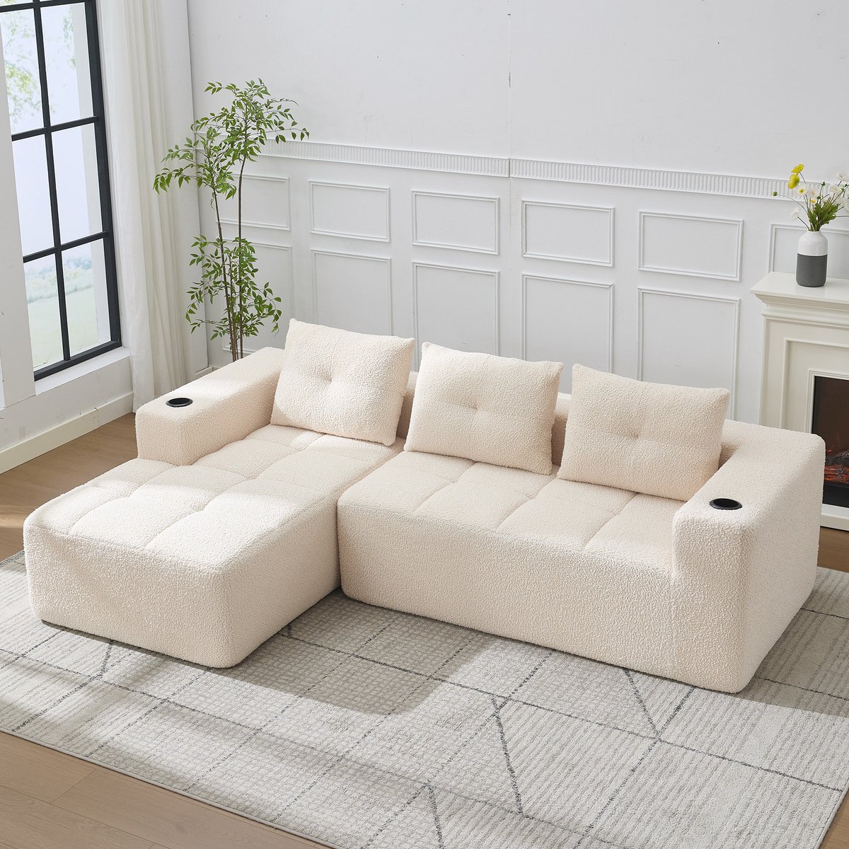 DESMIU Hoekbank 255 Cm - 3-Zits Met Linkse Chaise Longue En Bekerhouders - Voor Woonkamer En Appartement - Polyester Beige