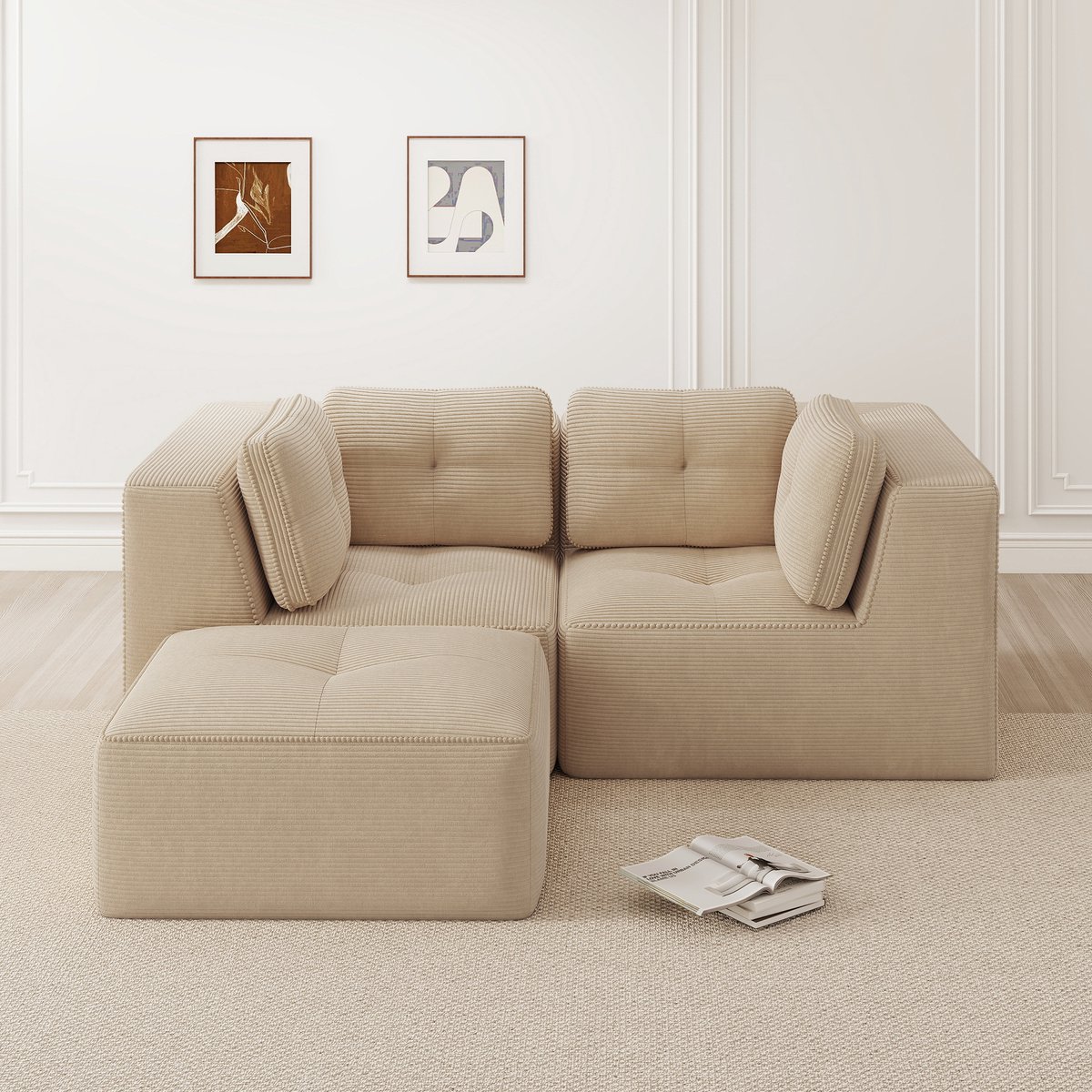DESMIU Hoekbank 208 x 177 x 69 cm - Modulaire 2-Zits L-Vorm Met Verplaatsbare Voetensteun - Voor Woonkamer En Slaapkamer - Corduroy Beige