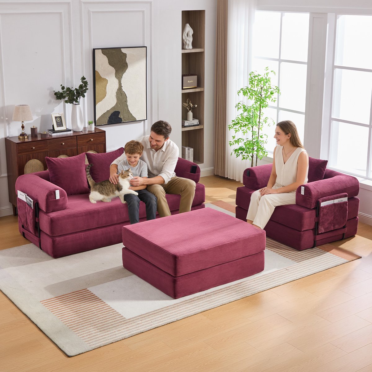 DESMIU Bank Set 200 Cm - Modulaire 4-Zits Met Hocker En Opbergtas - Voor Woonkamer Slaapkamer En Kantoor - Corduroy Wijnrood