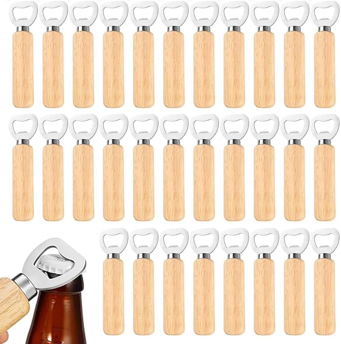 Dailygoods- Flesopener 30 Stuks - Houten Flesopener - Bieropener - Flesopener met Houten Greep - Roestvrij Staal - 14 x 4 x 2 cm
