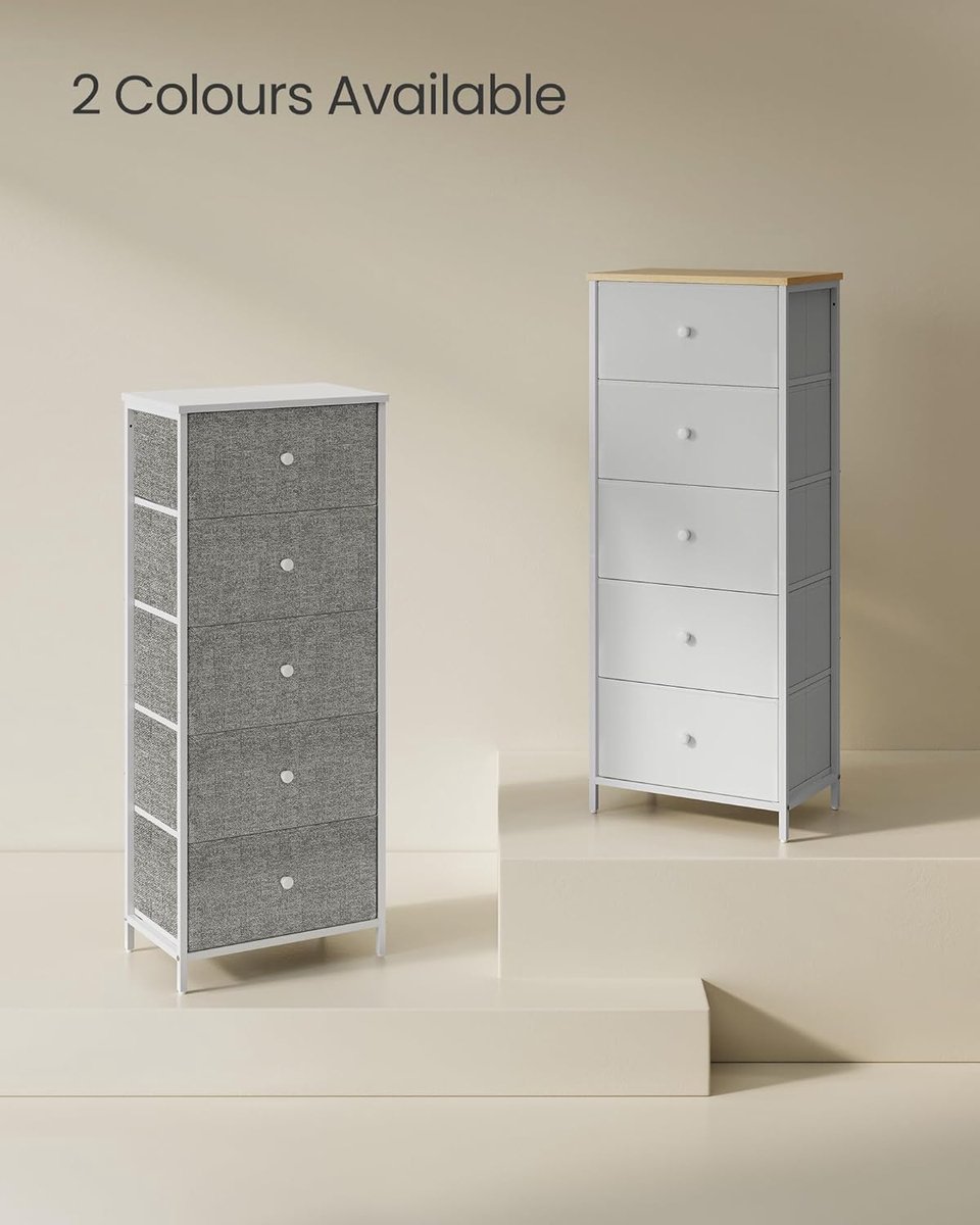 SONGMICS Ladekast Slaapkamer, Lade Opbergeenheid, Dressoir met 5 Stoffen Laden, Metalen Frame, Lang en Slank, Voor Kast, Camel Geel en Crème Wit LTS315SW01