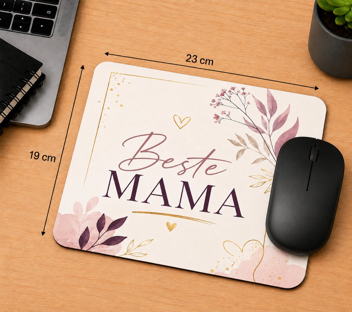 Muismat Beste Mama – 23 x 19 cm – Moederdag Cadeau – Witte Muismat met Roze Bloemen en Gouden Details – Cadeau voor Mama