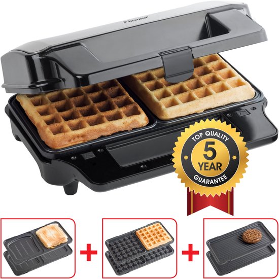 Bestron contactgrill 3-in-1 met 3 sets verwisselbare platen: tosti, wafel en grill. Inclusief 5 jaar garantie.