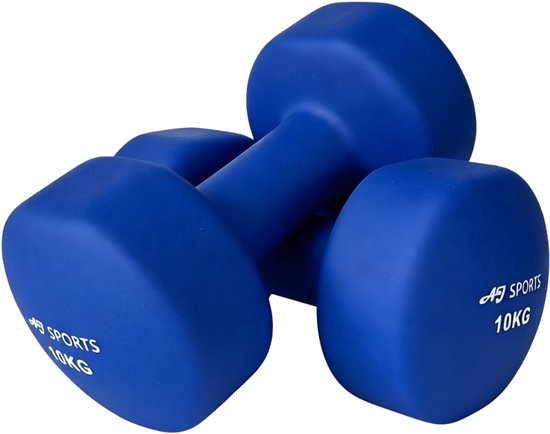 Twee blauwe 10kg dumbbells van AJ-Sports, in een gestapelde positie.